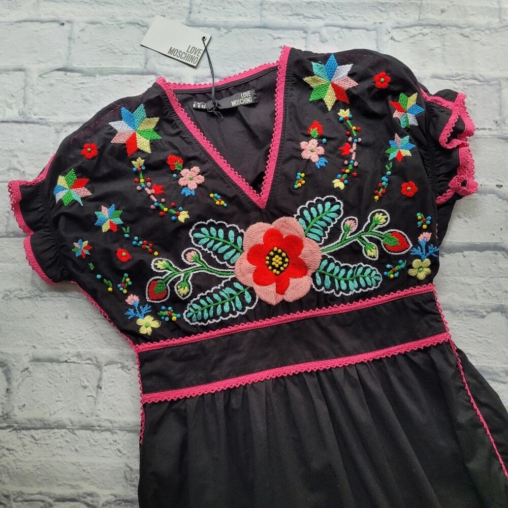 NWT Love Moschino Boho Embroidered Beaded Floral Black Dress Puff Sleeves size 6 - Picture 7 of 16